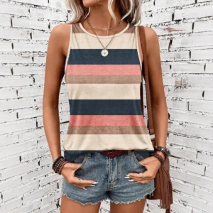 Stripe 3d Print Tank Tops Feminino Summer Casual O-neck Elegant Vest