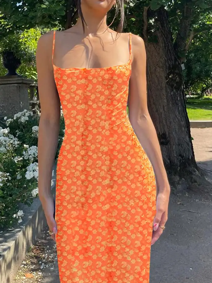 Y2k Floral Print Spaghetti Strap Bodycon Sundress Deep V Neck Long - Imagem 7