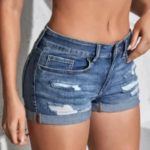 Feminino’s Split Denim Shorts Summer Beach Wild Sexy Mid Waist Curled